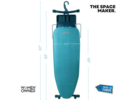 A teal ironing board with a black accessory tray and hanger, measuring 67" tall and 16.5" wide.