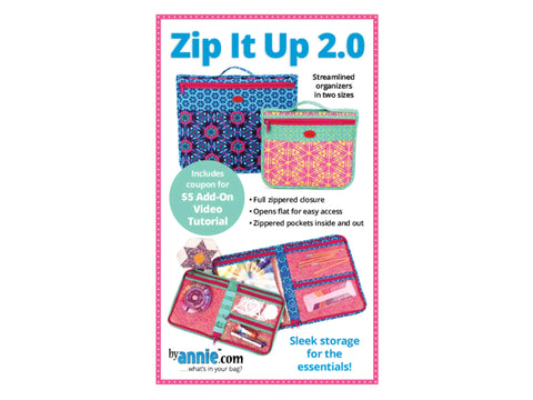 Two zippered fabric organizers, one large blue and one smaller pink, displayed open and closed.