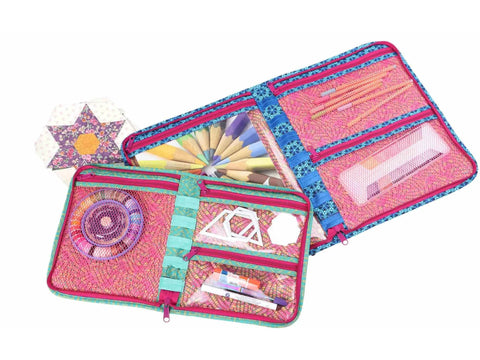 Two open, colorful fabric organizers display art supplies and sewing notions.