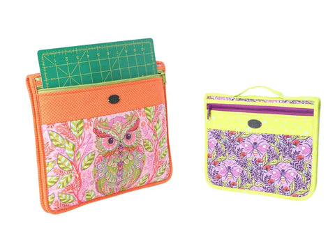 Two colorful zippered pouches, one with an owl design and the other with a bee design.