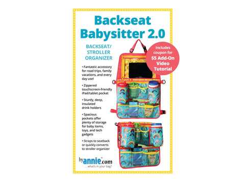 A colorful backseat and stroller organizer with multiple pockets and drink holders.