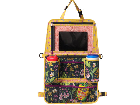 Yellow floral backseat organizer with a tablet holder, two bottle pockets, and mesh pockets.