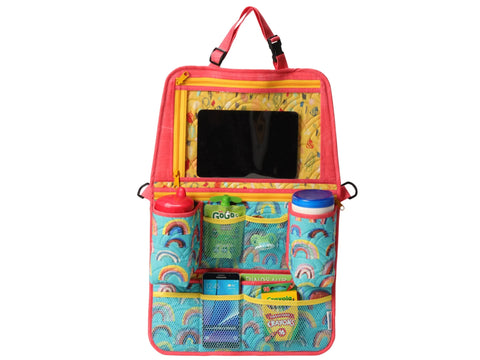 A colorful backseat organizer with a tablet holder, two bottle pockets, and mesh storage.