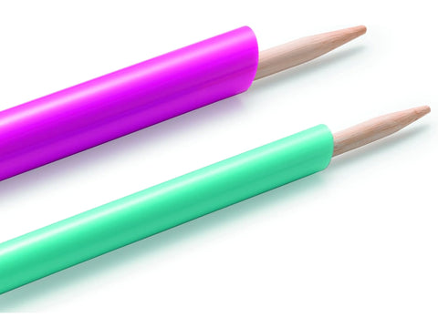 Two tube turning tools, one purple and one teal, with wooden tips.
