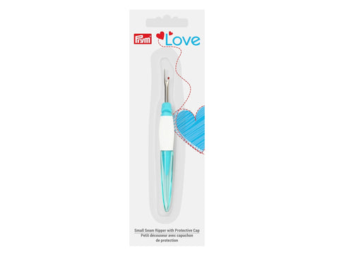 A small turquoise and white Prym Love seam ripper with a protective cap.