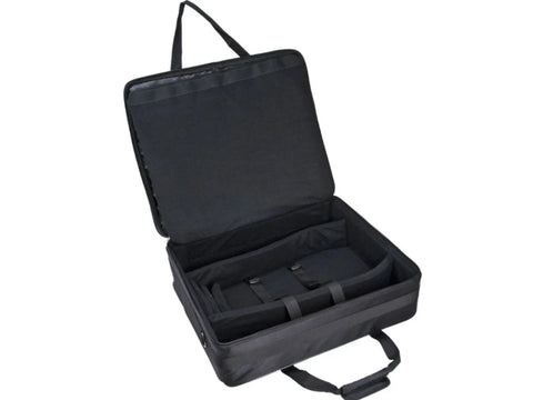 Black 26-inch embroidery project bag, open to show its interior compartments and straps.