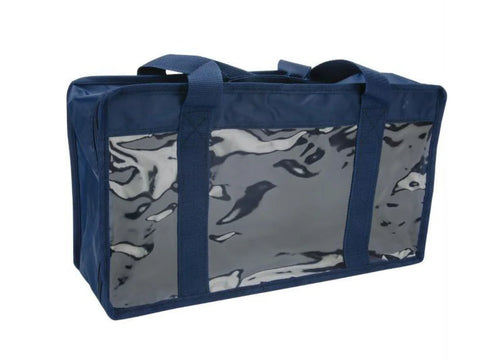 Navy blue quilter's fat quarters bag with clear vinyl front.