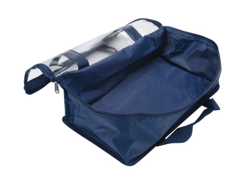 Navy quilter's fat quarters bag with a clear vinyl top and three divided sections.