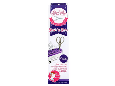 Purple Stash 'n Store organizer with sewing notions and scissors.