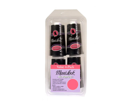 Four black spools of Maxi-Lock all-purpose thread in a clear plastic package.