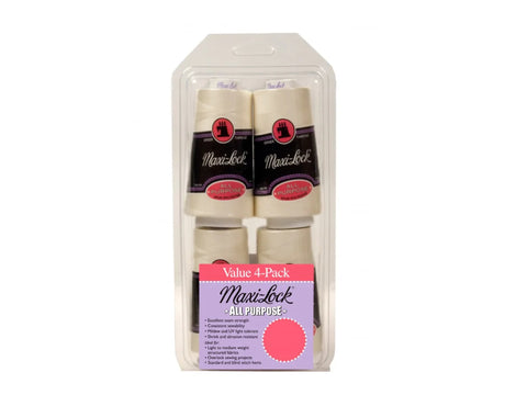 Four spools of eggshell Maxi-Lock all-purpose thread in a clear plastic package.