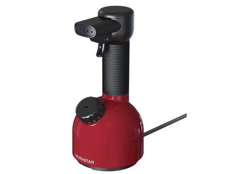 Red Laurastar IGGI handheld garment steamer with a black top and hose.