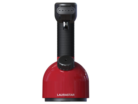 A red and black Laurastar IGGI handheld garment steamer and purifier.