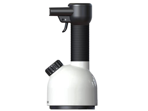 A white and black handheld garment steamer with a trigger and nozzle.