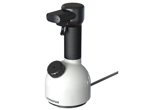 A white and black Laurastar IGGI handheld garment steamer with a textured cord.