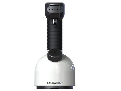 A white and black Laurastar IGGI handheld garment steamer and purifier.