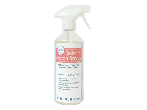 A clear spray bottle of June Tailor Starch Savvy, 16 oz, with a white label.