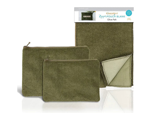 Two olive felt zipper pouches and a folded blank are displayed.