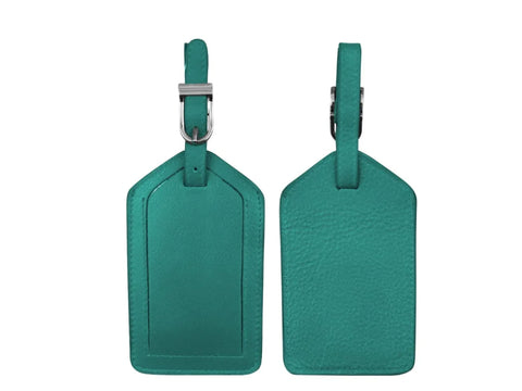 Two aqua leather luggage tags, one showing the front with a buckle, and the other the back.