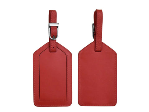 Cherry red leather luggage tag blanks, front and back views.