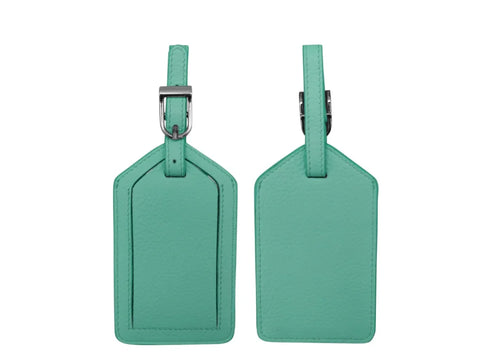 Turquoise leather luggage tag blanks with silver buckles, front and back views.