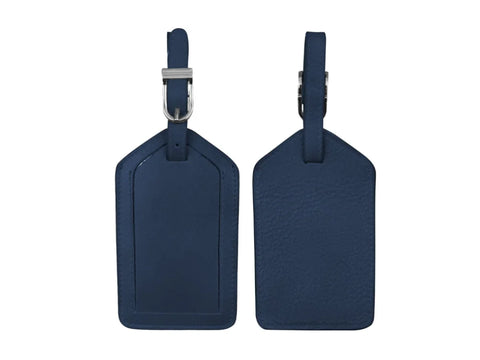 Two navy blue leather luggage tags, one showing the front with a window, the other the back.