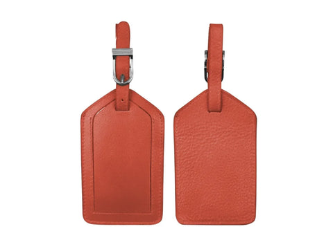 Orange leather luggage tag, front and back views.