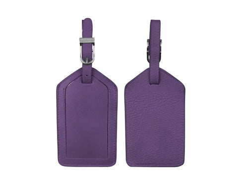Two purple leather luggage tags with silver buckles are displayed against a white background.