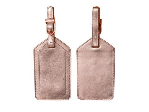 Two rose gold luggage tags are displayed, one showing the front and the other the back.
