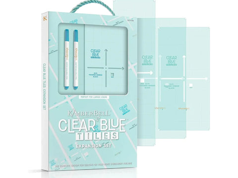 Kimberbell Clear Blue Tiles Expansion Set with two water-soluble pens and three clear blue tiles.