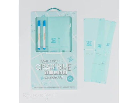 Kimberbell Clear Blue Tiles Expansion Set with two blue markers and three clear blue tiles.
