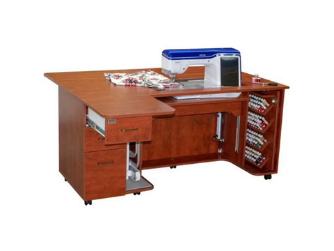 Horn 9080 sewing and embroidery cabinet with a sewing machine, fabric, and thread.