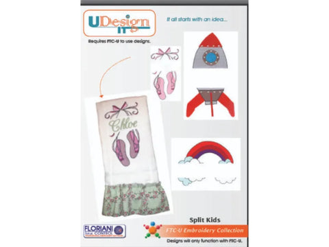 A Floriani U-Design It Split Kids embroidery collection featuring ballet, rocket, and rainbow designs.