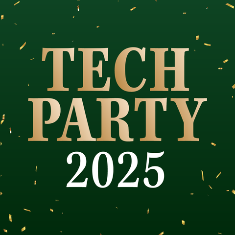 A dark green background with gold confetti and the text "TECH PARTY 2025" in gold and white.