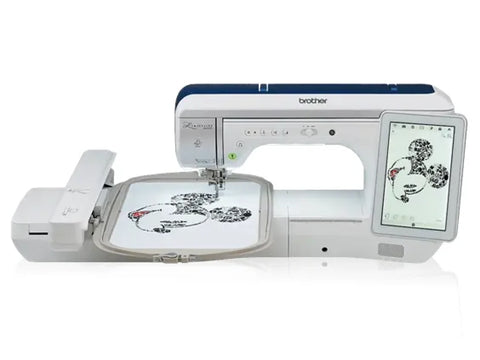 A white and blue Brother Luminaire Innov-is XP1 sewing and embroidery machine with a design on the screen and hoop.