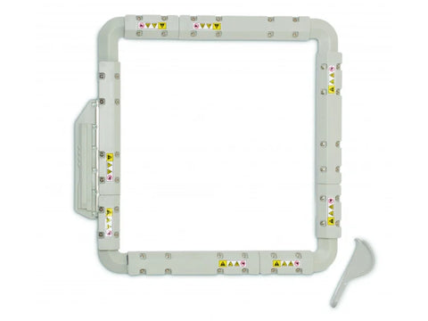 A 10x10 inch square magnetic embroidery hoop with a gray frame and a small tool.