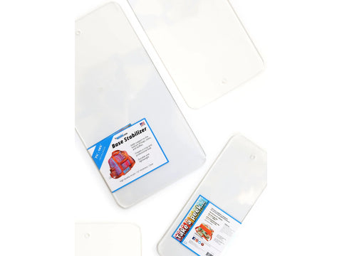 Clear acrylic base stabilizers for bags, with one featuring a blue label.