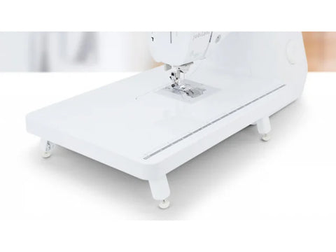 Baby Lock Jubilant Extension Table, a white sewing machine accessory with adjustable feet.