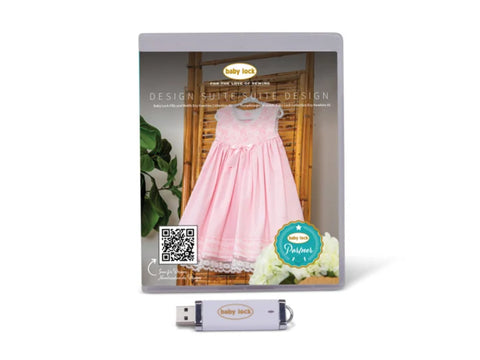 A Baby Lock Design Suite USB drive and case featuring a pink dress.