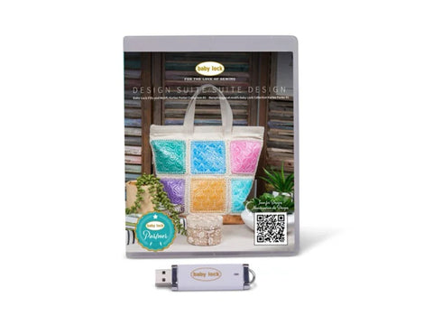 A Baby Lock USB drive and case featuring a tote bag with colorful embroidered squares.