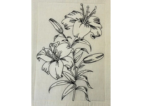An embroidered design of two lilies and several buds on a light fabric.