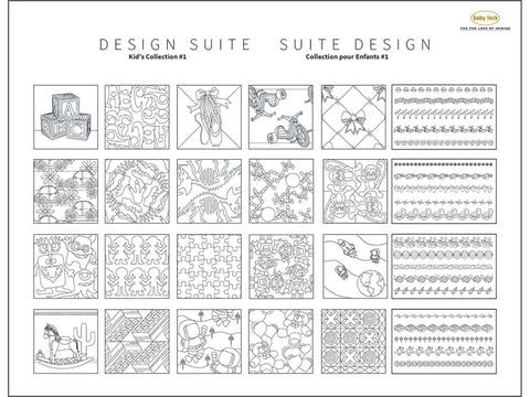 A grid of 30 black and white embroidery designs for children, including toys, animals, and patterns.