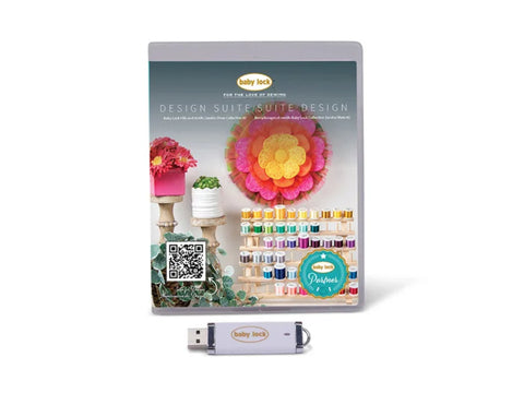 A Baby Lock Design Suite Zandra Shaw Collection 2 USB drive and its packaging are shown.