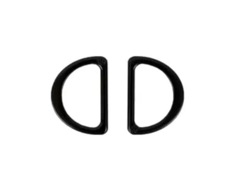 Two black metal 1-inch D-rings are shown side-by-side on a white background.