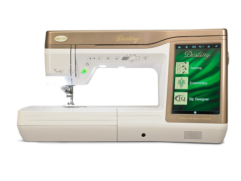 A Baby Lock Destiny sewing and embroidery machine in cream and gold.
