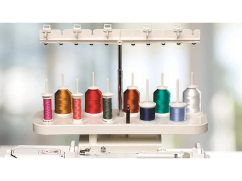 A white Baby Lock embroidery thread stand holds 10 spools of colorful thread.