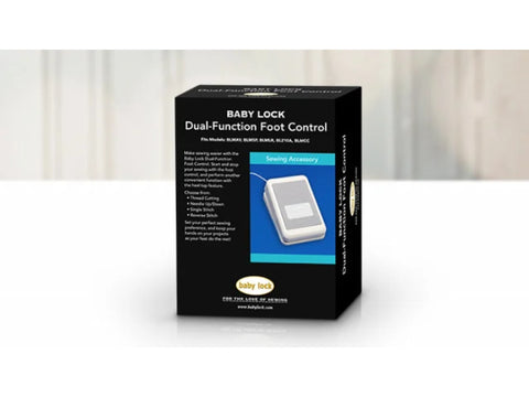 A black box for the Baby Lock Dual-Function Foot Control, featuring an image of the white foot control.