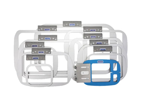 Ten white and blue embroidery hoops with gray mounting brackets are arranged on a white background.