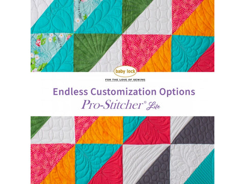 A colorful quilt with various patterns and textures, featuring the "baby lock" logo.
