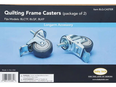 A set of two silver and black quilting frame casters with locking mechanisms.